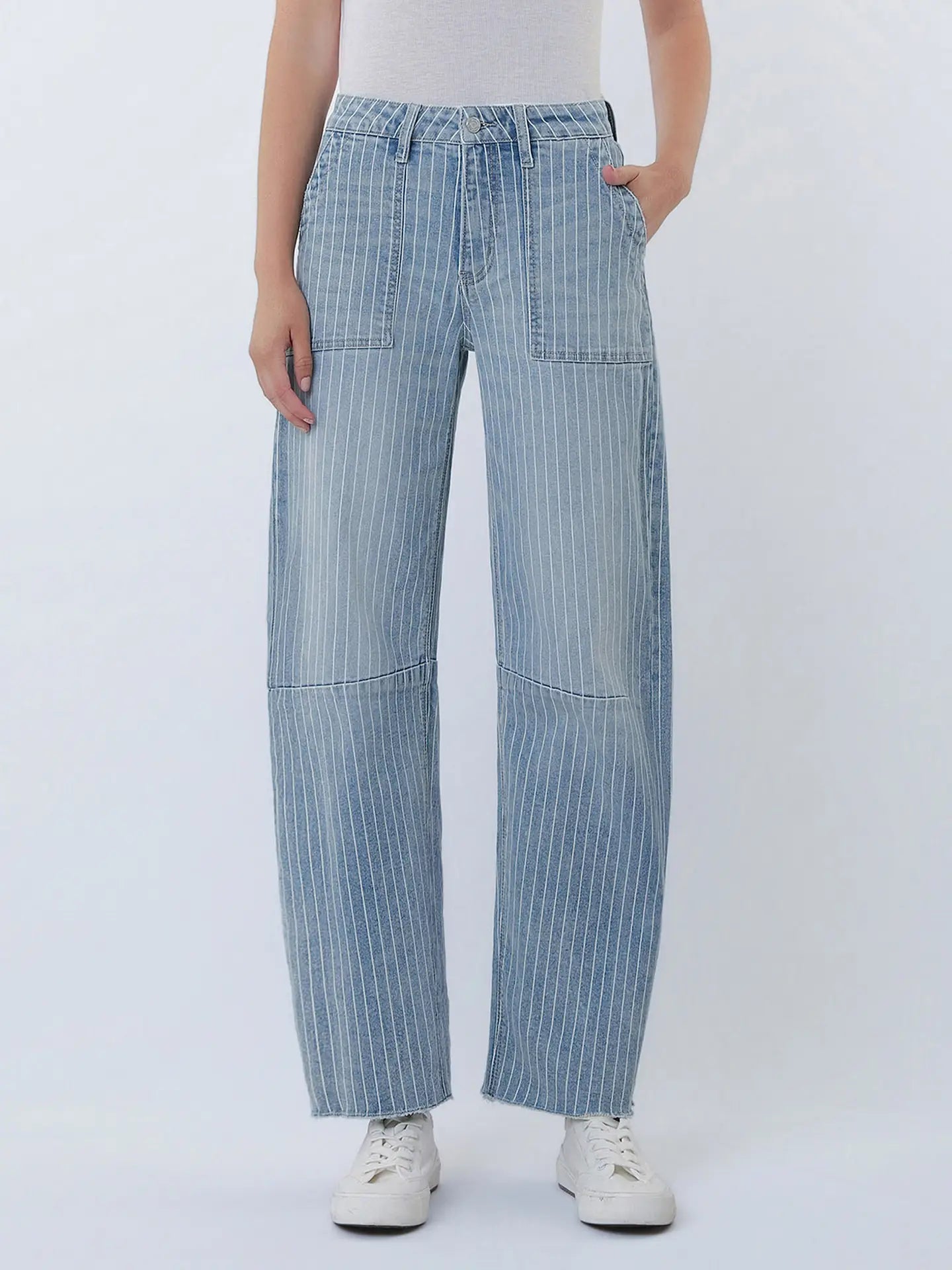 Charlotte's High Rise Striped Raw Hem Crop Barrel Jeans