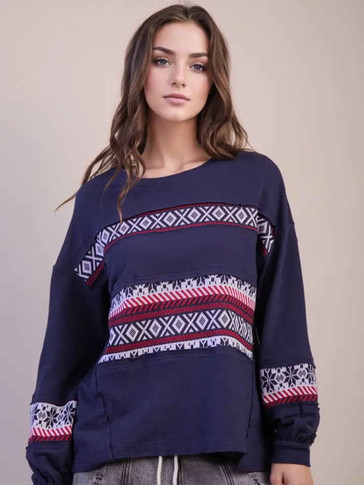 Navy Contrast Knit Top