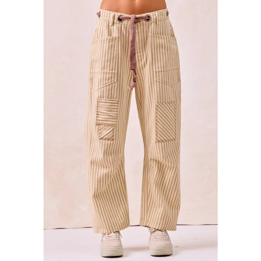 Striped Twill Barrel Pants - Oatmeal