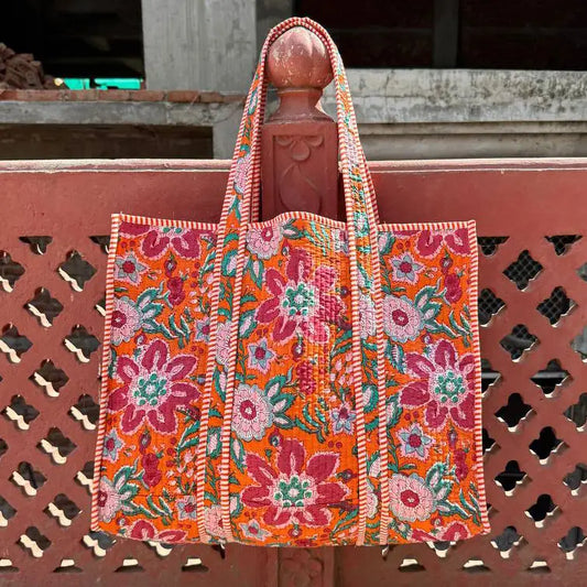 Orange Floral Quilted Tote Bag