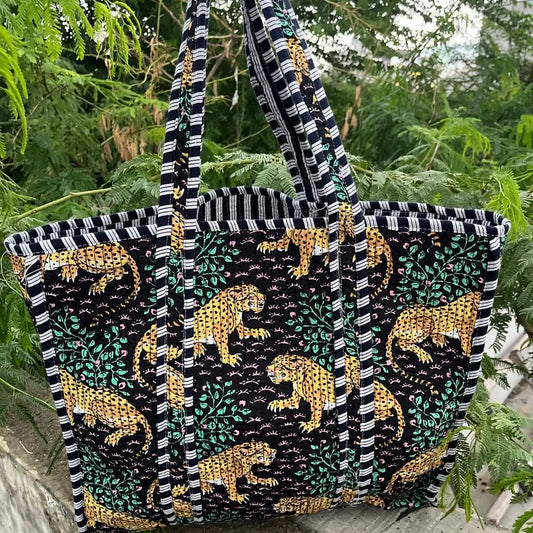 Black Tiger Florals Quilted Tote Bag
