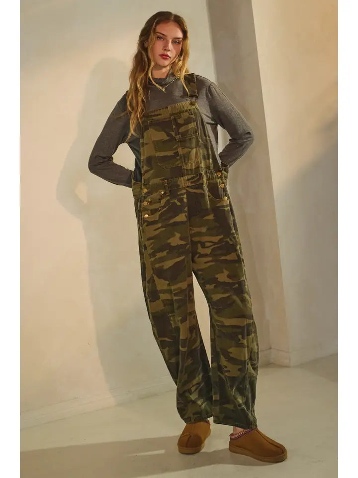 Camo Denim Barrel Overall Jumpsuit