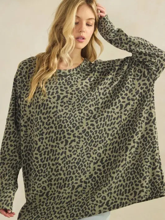 Long Sleeve Ribbed Top - Olive Vintage Leopard
