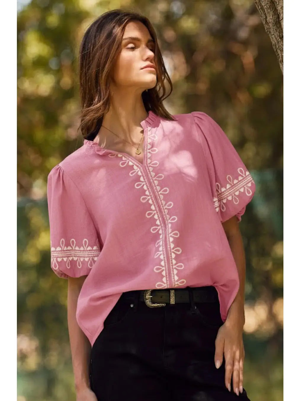 Solid Embroidered Short Bubble Sleeve Blouse - Pink