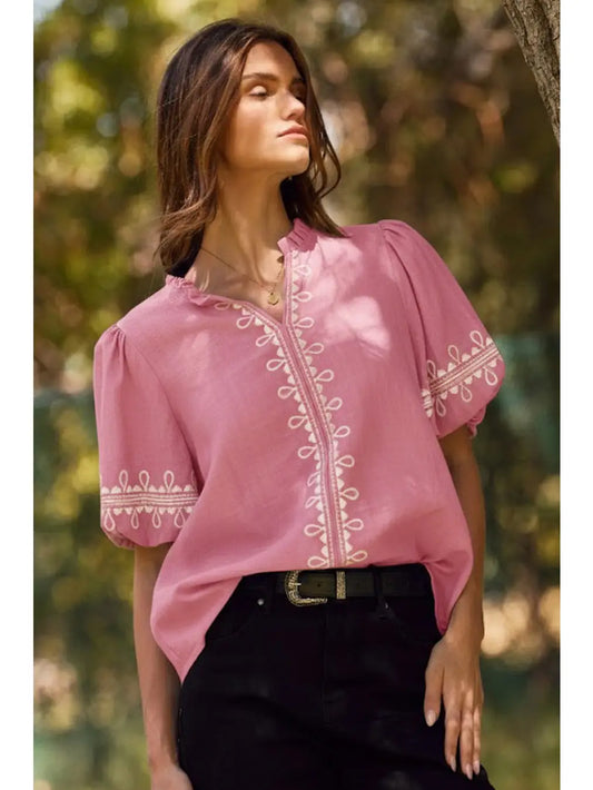 Solid Embroidered Short Bubble Sleeve Blouse - Pink