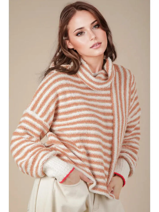 Mocha Mock Neck Soft Striped Knit Sweater Top