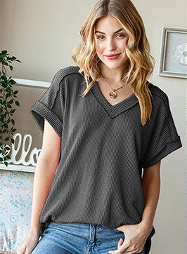 Hadley Casual V-Neck Top - Charcoal