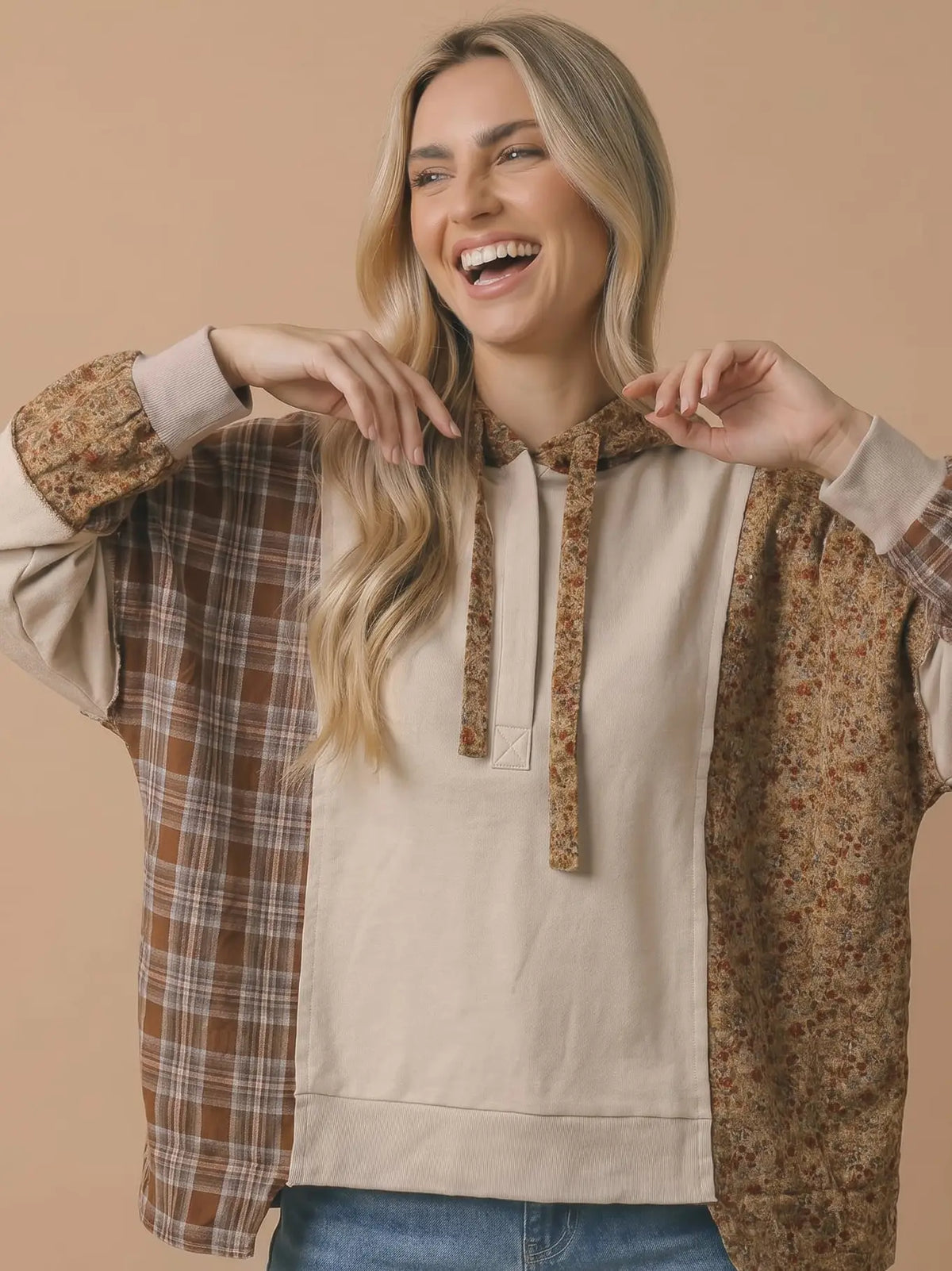 Mya Plaid Floral Color Block Hoodie