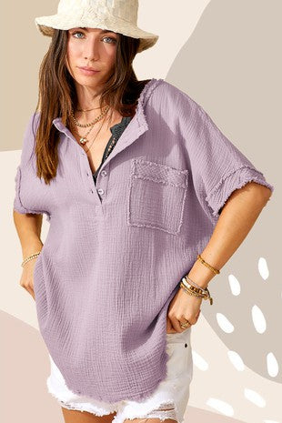 Magenta Button Front Top